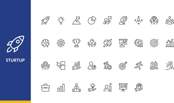 Startup business growth and innovation hand drawn icon set with business innovation strategy development management entrepreneur planning investment