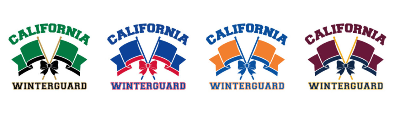 California winterguard color guard vector logo set, vintage varsity style crossed flags emblem graphic for marching band squad apparel
