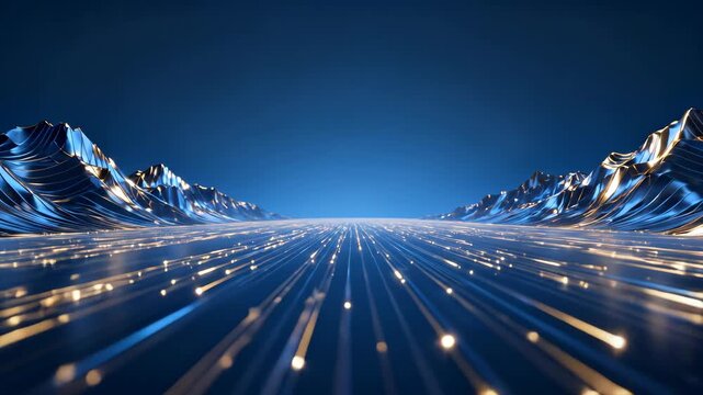 Abstract digital landscape with glowing lines of light stretching towards a clear blue sky, symbolizing speed and connectivity