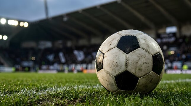 A realistic soccer ball resting on a green stadium field, capturing the energy of football, sports competition, outdoor games, athletic training, and matchday atmosphere.