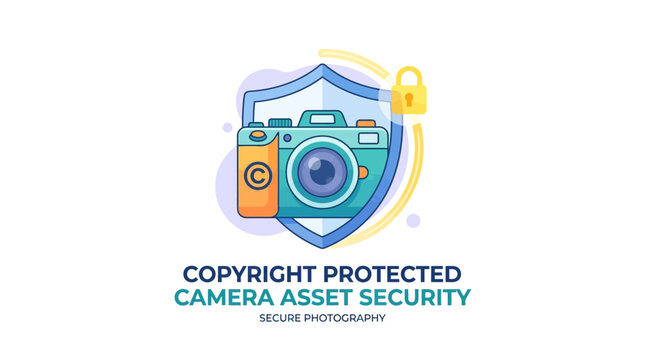 A stylized digital illustration of a camera protected by a shield icon representing security.