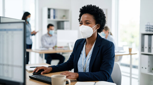 Businesswoman wearing a protective face mask working on a computer in the office. Female employee in a mask at her desk with colleagues in the background
