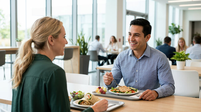 Coworkers having a healthy lunch together in the office cafeteria. Smiling male and female employees eating salad and wraps during their lunch break