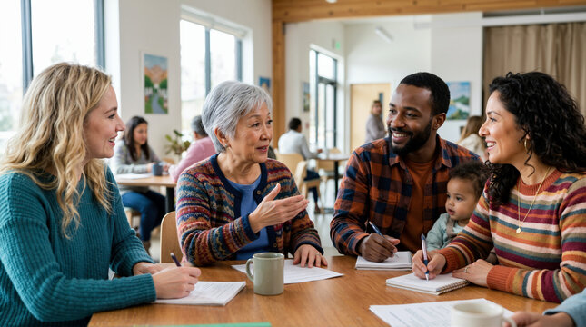 Diverse community members brainstorming at a table in a local hall. Senior Asian woman speaking to neighbors during a workshop. Collaboration and social engagement concept