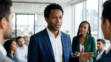 Fototapeta premium Young Black businessman speaking to colleagues during a team meeting. Male manager gesturing and leading a discussion in a modern office. Leadership and communication concept