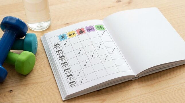 Weekly fitness schedule in open notebook on wooden table. Workout planner with dumbbells and glass of water. Healthy lifestyle concept