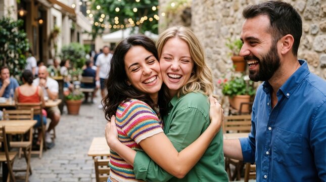 Joyful friends embracing and laughing in European alleyway. Two women hugging with happy man in blue shirt at outdoor restaurant