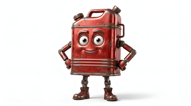 Gas can cartoon character with robotic limbs and smiling face