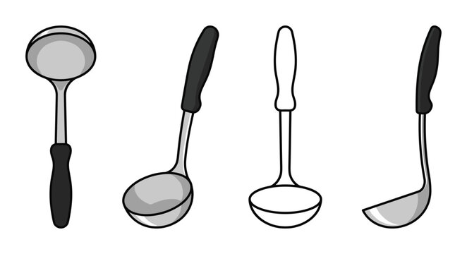 Set of soup ladle icons in different views on white background