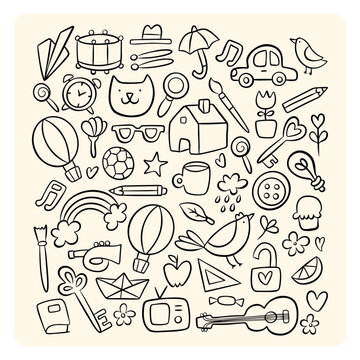 Cute Hand Drawn Miscellaneous Doodle Objects Set Line Art Graphic