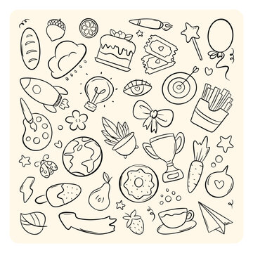 Cute Hand Drawn Mixed Doodle Icon Set Line Art Graphic