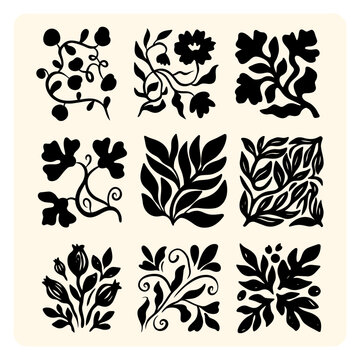 Hand Drawn Black Floral Silhouette Blocks Folk Art Pattern Set
