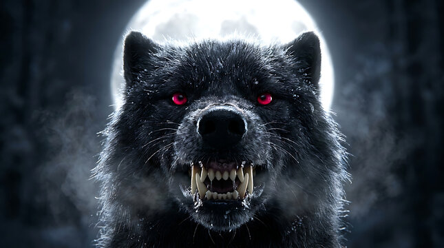 Close-up of a fierce black wolf with glowing red eyes baring its sharp teeth in front of a bright full moon