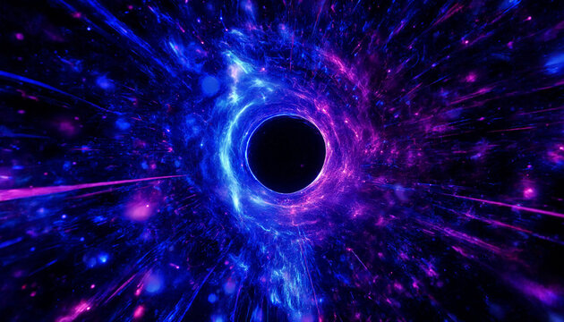 Glowing black hole with neon light swirling in deep space for abstract background.