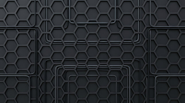 Dark Abstract 3D Hexagonal Honeycomb Pattern with Layered Square Frames for Modern Tech Background Minimalist Industrial Design