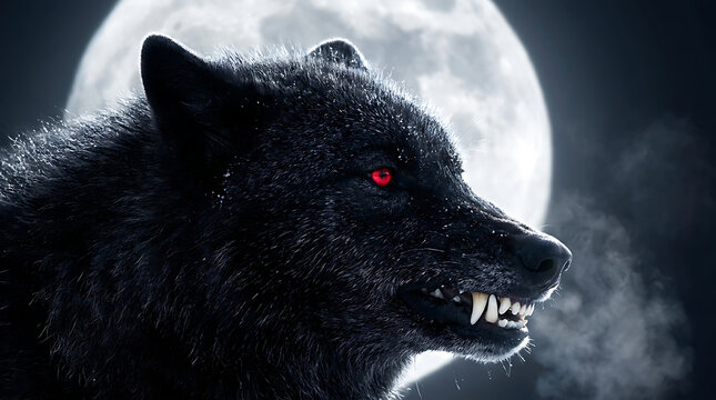 Ferocious black wolf with glowing red eyes howling in the moonlight during a cold winter night with visible breath