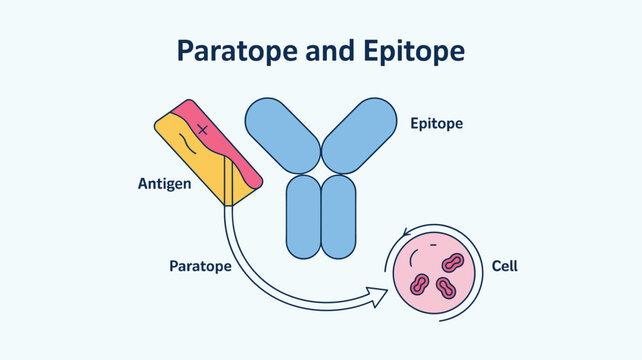 Paratope and Epitope Interaction Vector Illustration Showing Antigen Recognition, Antibody Binding Site, Immune Cell Response, and Immunology Educational Diagram