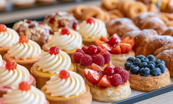 Colorful Assortment of Pastries and Snacks in a Display Case