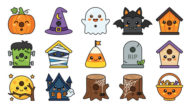 Halloween Themed Cartoons Flat Design Icons.