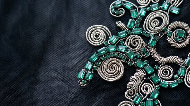 Emerald Green Beaded Embroidered Fabric Close-up Silver Thread