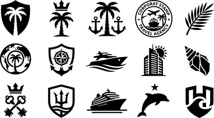 Tropical travel agency and marine resort icon collection featuring palm trees cruise ships shields compass anchors dolphin trident and sea shell badges © MstAduri
