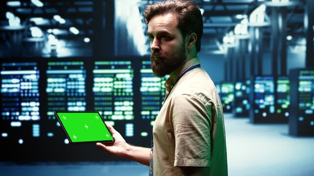 Computer scientist checks mainframes with a tablet mockup in a data center, keeping the green screen display ready for screen replacement and post production during server check green screen.