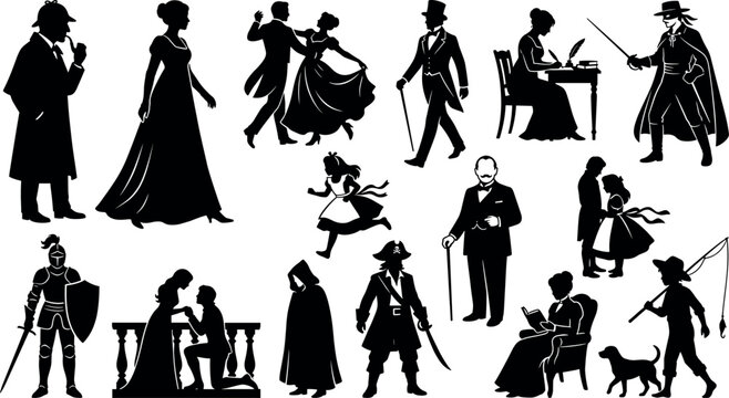 Vintage historical character silhouette vector collection featuring Victorian people detective knight pirate zorro dancer writer and classic story elements
