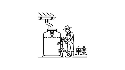 Obraz premium Elegant Black and White Line Drawing of Farmer Operating a Water Pump for Irrigation Near Plants