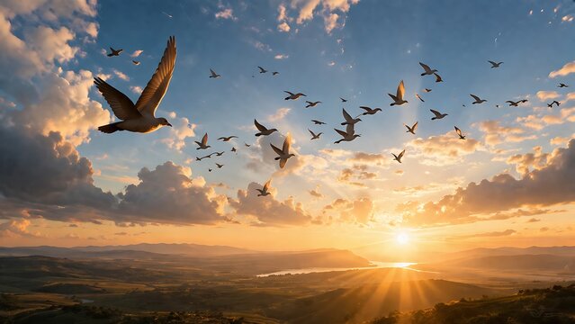 Flock of birds flying over a serene landscape at sunset with clouds