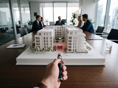 Point-of-View Shot of Laser Pointer Aiming at White Residential Scale Model on Reflective Conference Table in Executive Office Setting

