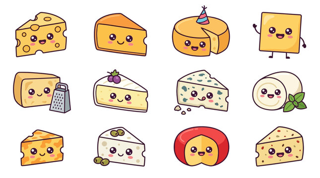 Cartoon Cheese Characters with Emotions and Accessories.