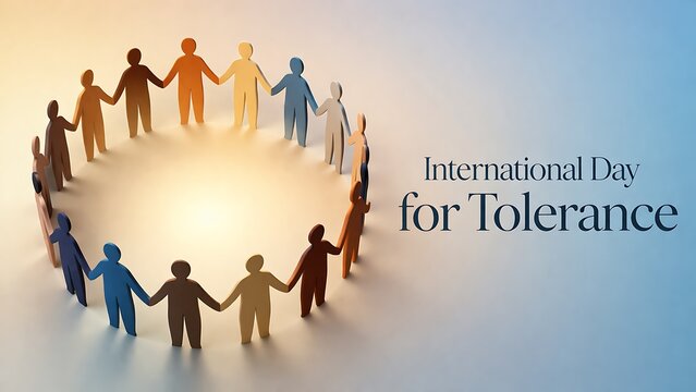 Group of diverse paper people holding hands in a circle, international day for tolerance concept