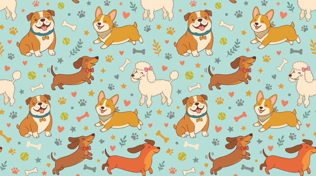 Seamless Cute Dog Pattern Vector with Corgi Dachshund Bulldog Poodle