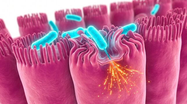3D Microscopic Diagram of Salmonella Bacteria Invading Intestinal Epithelial Cells