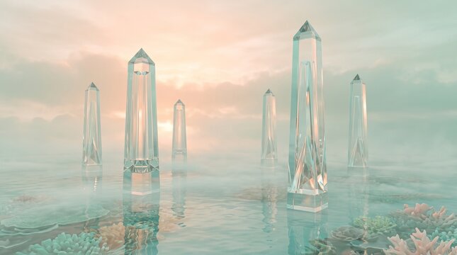 Surreal Landscape with Glass Monoliths and Crystal Obelisks in Misty Water at Sunset