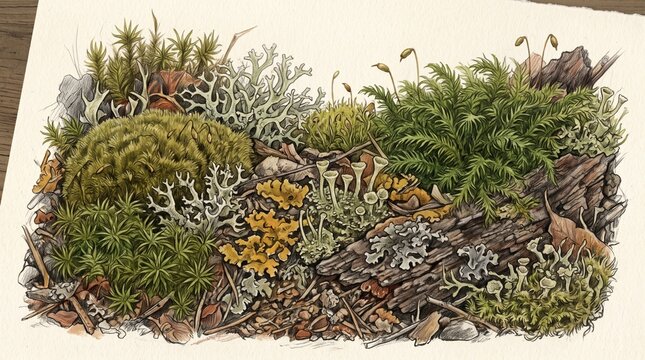 Detailed Botanical Illustration of Various Mosses and Lichens on Forest Floor, Isolated on Solid Background