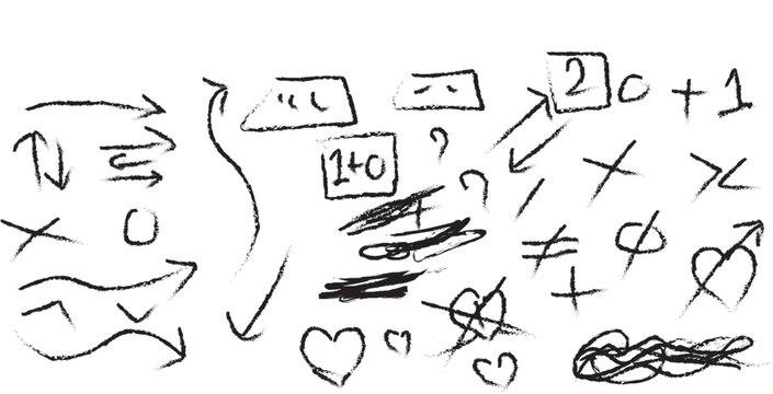 Hand drawn doodle set with arrows, hearts, and math symbols