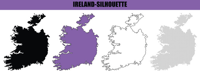 Obraz premium Four Ireland map silhouettes in solid fill outline and pattern styles during daylight isolated on white background