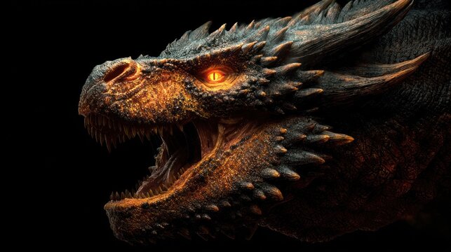 Close up of a fantasy dragons head with open mouth