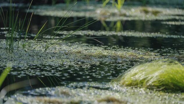 Swamp water with green grass and algae in water flows. Close up view.
