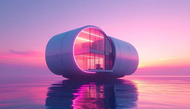 Futuristic Pod House Floating on Water at Sunset.