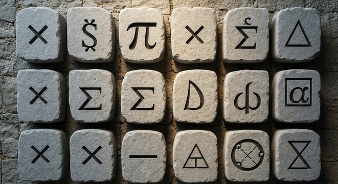 Stone Tablets with Engraved Mathematical Symbols and Greek Letters