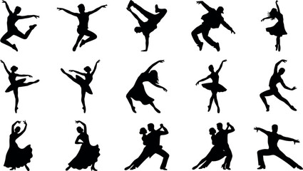 Active dancers silhouette vector collection featuring ballet breakdance hip hop ballroom salsa and contemporary dance performers performance positions © Prodip