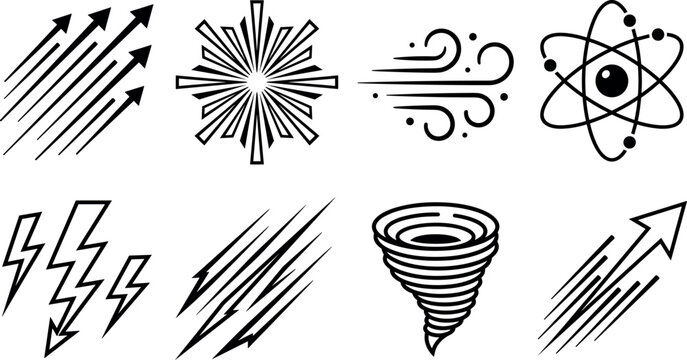 Abstract physics and weather force vector line icons pack featuring energy speed arrows lightning atom starburst wind tornado symbols
