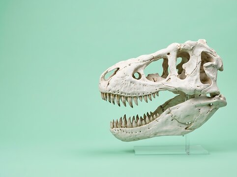 T-Rex Dinosaur Skull Skeleton Fossil on Mint Background