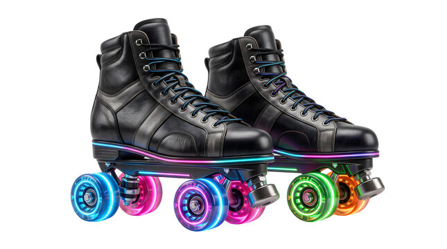 Retro black leather roller skates with glowing neon LED wheels, vintage quad skates for disco skating, colorful light-up rollerblades on white background