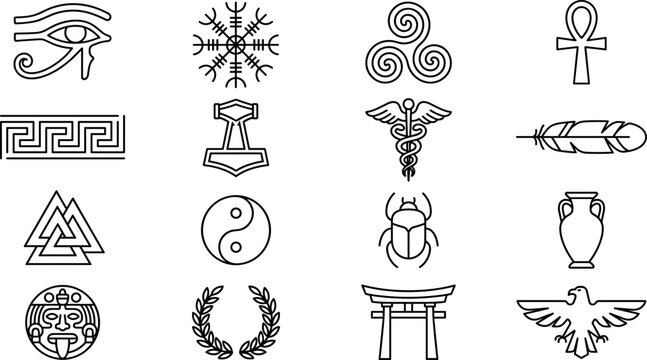 Ancient spiritual and mythological symbols icon set featuring eye of horus ankh valknut yin yang caduceus line art vector