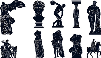 Ancient Greek and Roman marble sculpture solid glyph icon set featuring Winged Victory Venus de Milo Discobolus vector illustration © Prodip