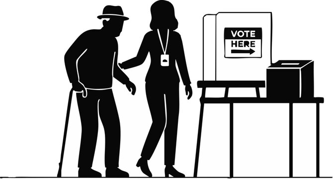 Elderly man with a cane receives assistance from a poll worker while approaching a voting station to cast his ballot in an upcoming national election.