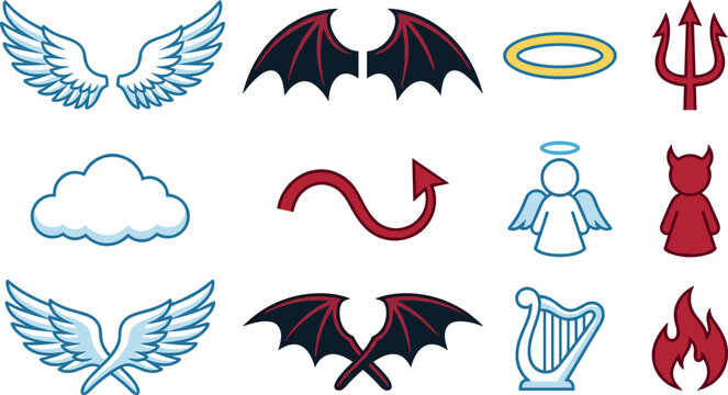 Angel and devil line icon set with wings halo trident tail cloud harp fire demon vector illustration graphic elements template.